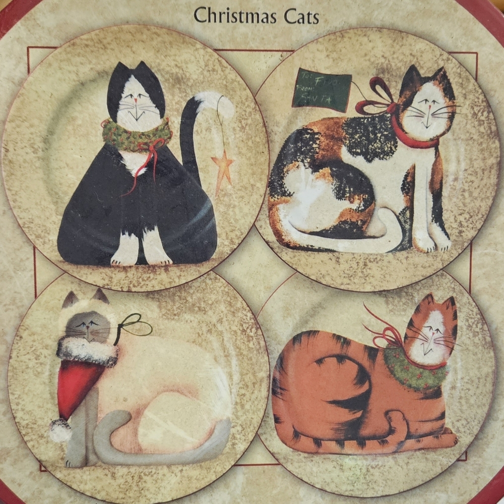 Christmas Cats Set Of Four (4) Stoneware Salad Or Dessert plates